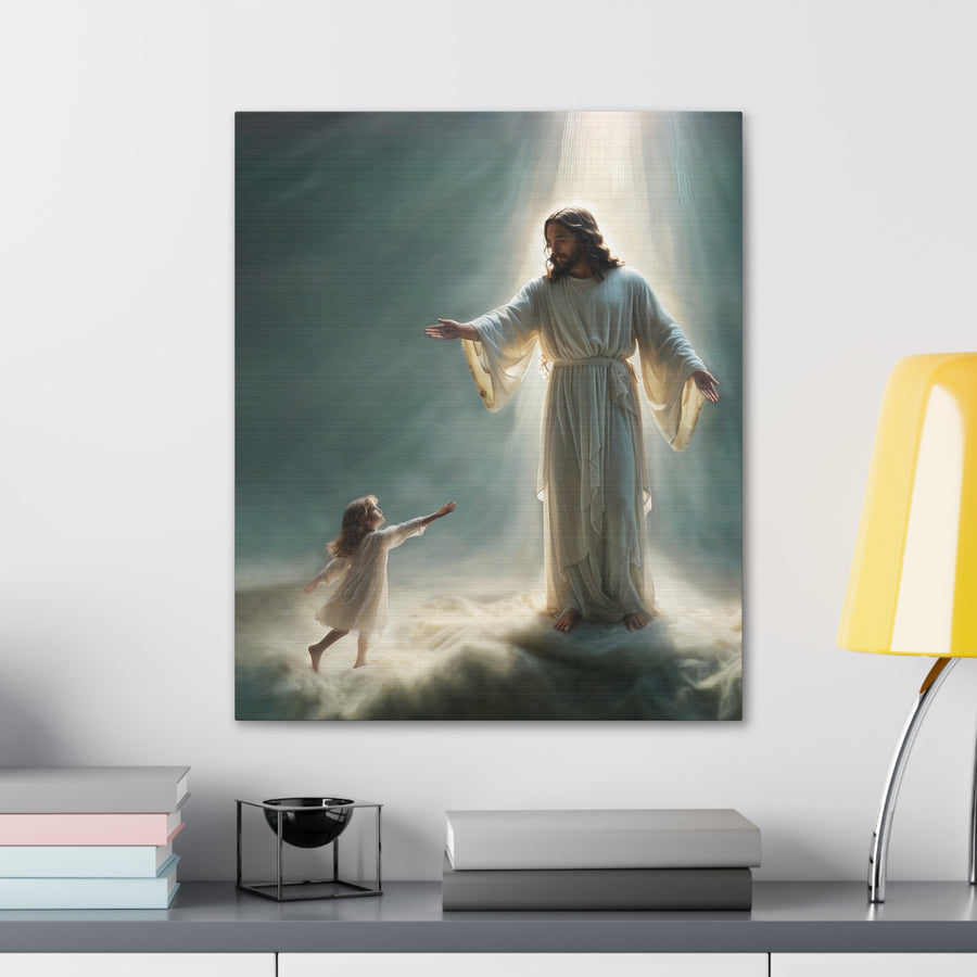 Jesus With Little Girl Canvas Wrap- Heavenly Welcome- Christian Wall Art- Jesus Art- Religious Wall Art