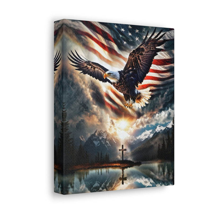 Spirit Of Freedom Majestic Eagle American Flag Cross Canvas Wrap- Patriotic Wall Art-Home Decor-Ready To Hang