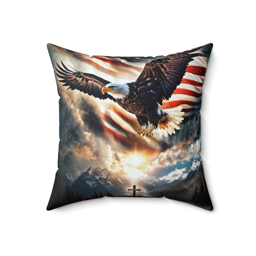 Spirit Of Freedom Majestic Eagle American Flag Cross Polyester Square Pillow- Patriotic Gift-Christian Religious Gift-Living Bedroom Decor