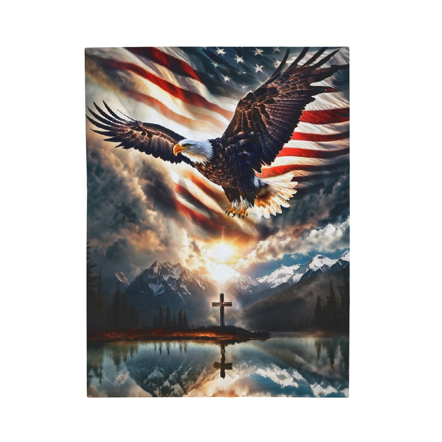 Spirit Of Freedom Majestic Eagle American Flag Cross Velveteen Plush Blanket-Patriotic Gift-Christian Religious Gift-Living Bedroom Decor