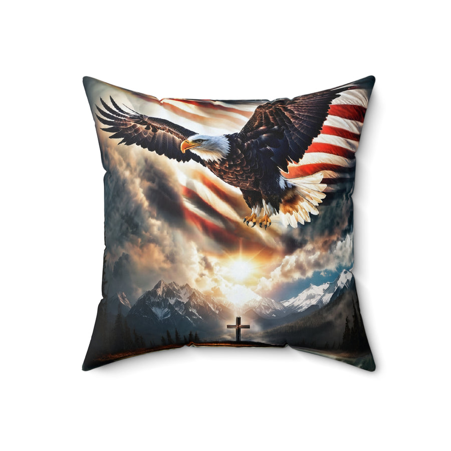 Spirit Of Freedom Majestic Eagle American Flag Cross Polyester Square Pillow- Patriotic Gift-Christian Religious Gift-Living Bedroom Decor