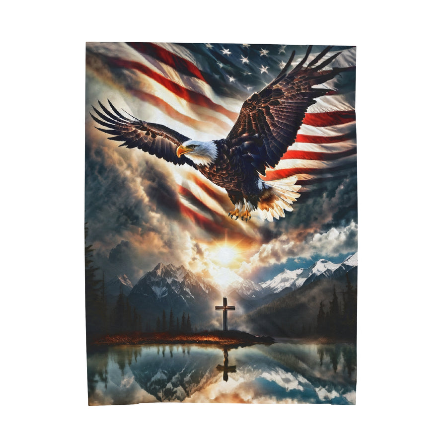 Spirit Of Freedom Majestic Eagle American Flag Cross Velveteen Plush Blanket-Patriotic Gift-Christian Religious Gift-Living Bedroom Decor