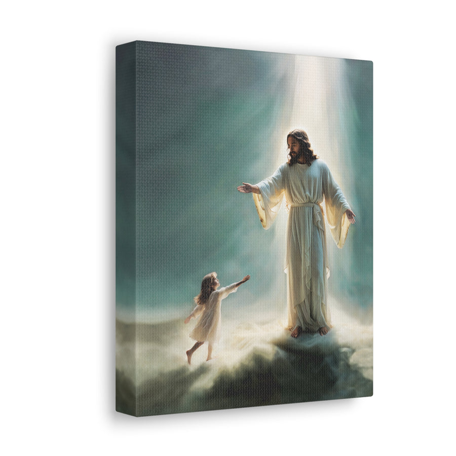 Jesus With Little Girl Canvas Wrap- Heavenly Welcome- Christian Wall Art- Jesus Art- Religious Wall Art