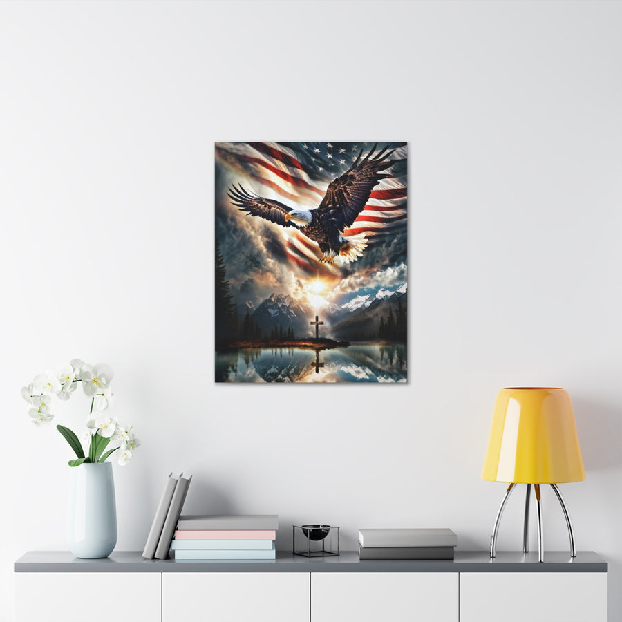 Spirit Of Freedom Majestic Eagle American Flag Cross Canvas Wrap- Patriotic Wall Art-Home Decor-Ready To Hang