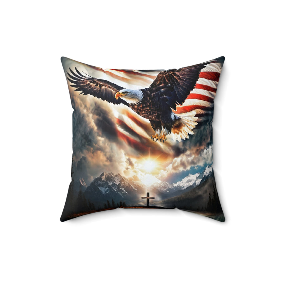 Spirit Of Freedom Majestic Eagle American Flag Cross Polyester Square Pillow- Patriotic Gift-Christian Religious Gift-Living Bedroom Decor