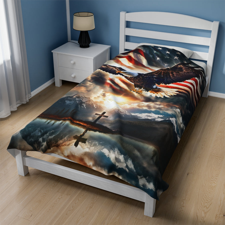 Spirit Of Freedom Majestic Eagle American Flag Cross Velveteen Plush Blanket-Patriotic Gift-Christian Religious Gift-Living Bedroom Decor