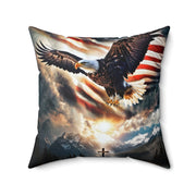 Spirit Of Freedom Majestic Eagle American Flag Cross Polyester Square Pillow- Patriotic Gift-Christian Religious Gift-Living Bedroom Decor