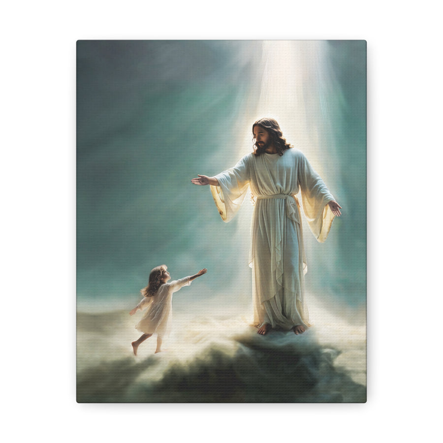 Jesus With Little Girl Canvas Wrap- Heavenly Welcome- Christian Wall Art- Jesus Art- Religious Wall Art