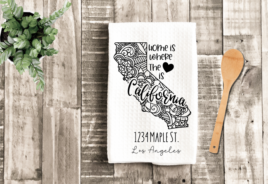 Personalized State Address Kitchen Dish Towel, Hand Tea Towel, Custom Gift