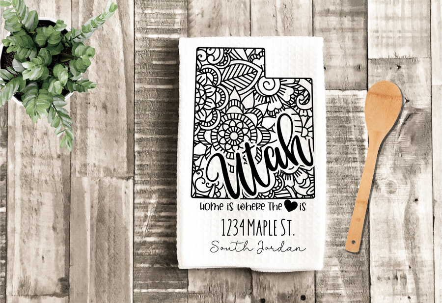 Personalized State Address Kitchen Dish Towel, Hand Tea Towel, Custom Gift