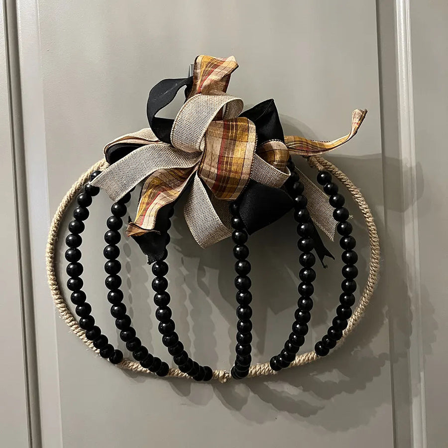 Beaded Pumpkin Wreath - Black Wood Beads