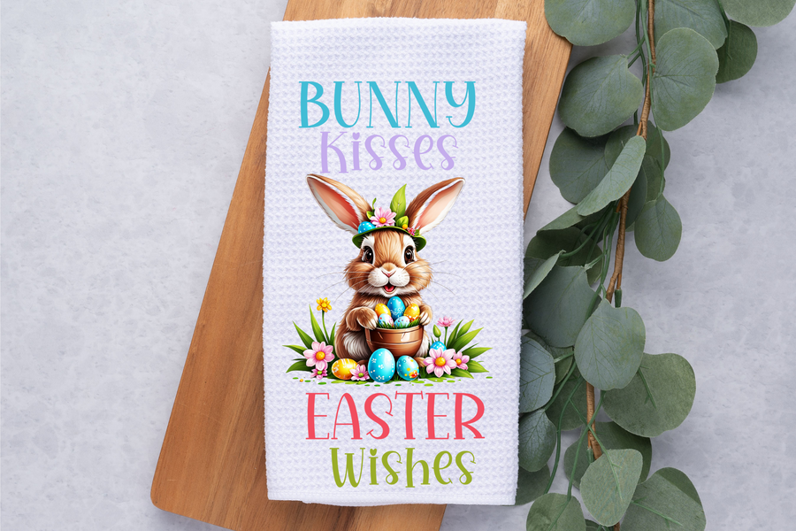 Easter Wishes and Bunny Kisses Kitchen Towel, Easter Tea Towel, Easter Decor Gift