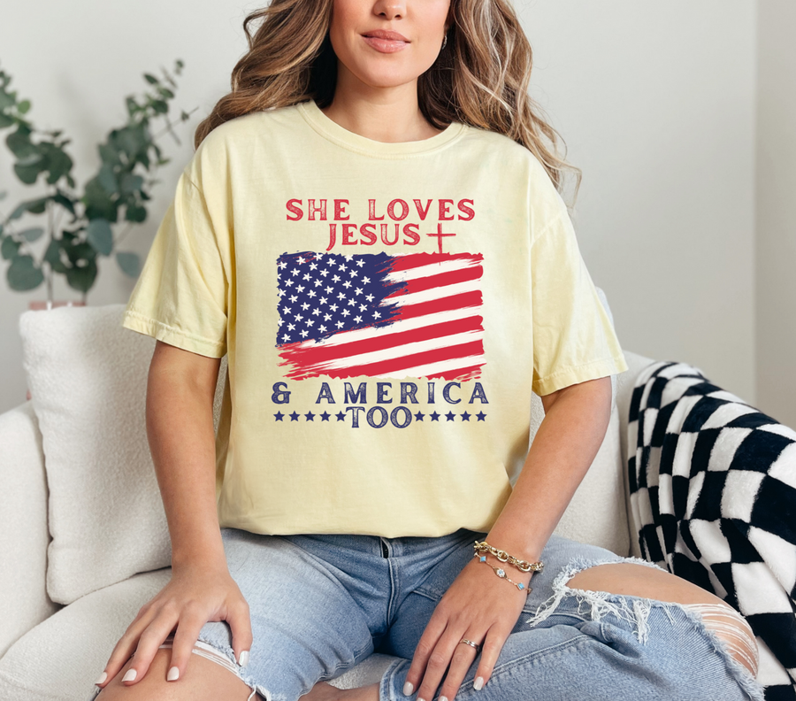 She Loves Jesus And America Too Comfort Colors Bible Verse Tshirt-Religious Christian Shirts-Faith Based Gift For Her-Patriotic Shirt