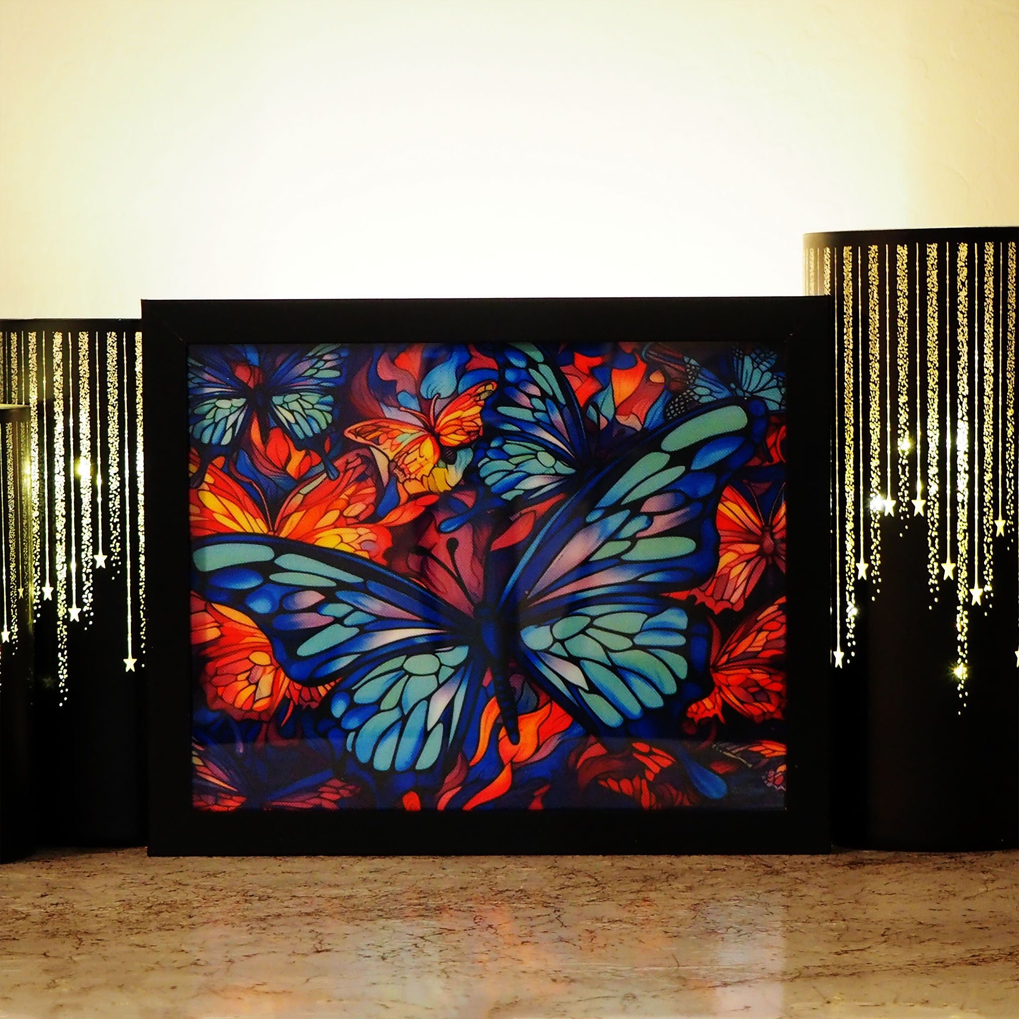 Blue Butterflies Stained Glass Look Light Box, LED Shadow Box, Night Light, Light Up Frame