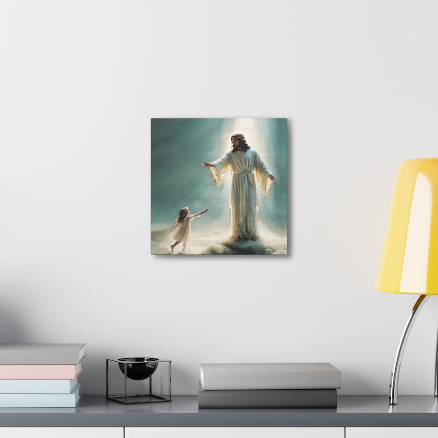 Jesus With Little Girl Canvas Wrap- Heavenly Welcome- Christian Wall Art- Jesus Art- Religious Wall Art