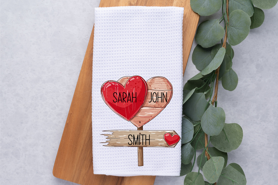 Personalized Valentines Heart Names Kitchen Dish Towel, Hand Tea Towel, Custom Gift