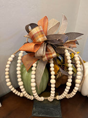 Beaded Pumpkin Wreath - Natural Wood Beads-Orange/Brown Bow