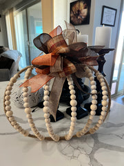 Beaded Pumpkin Wreath - Natural Wood Beads-Orange/Brown Bow