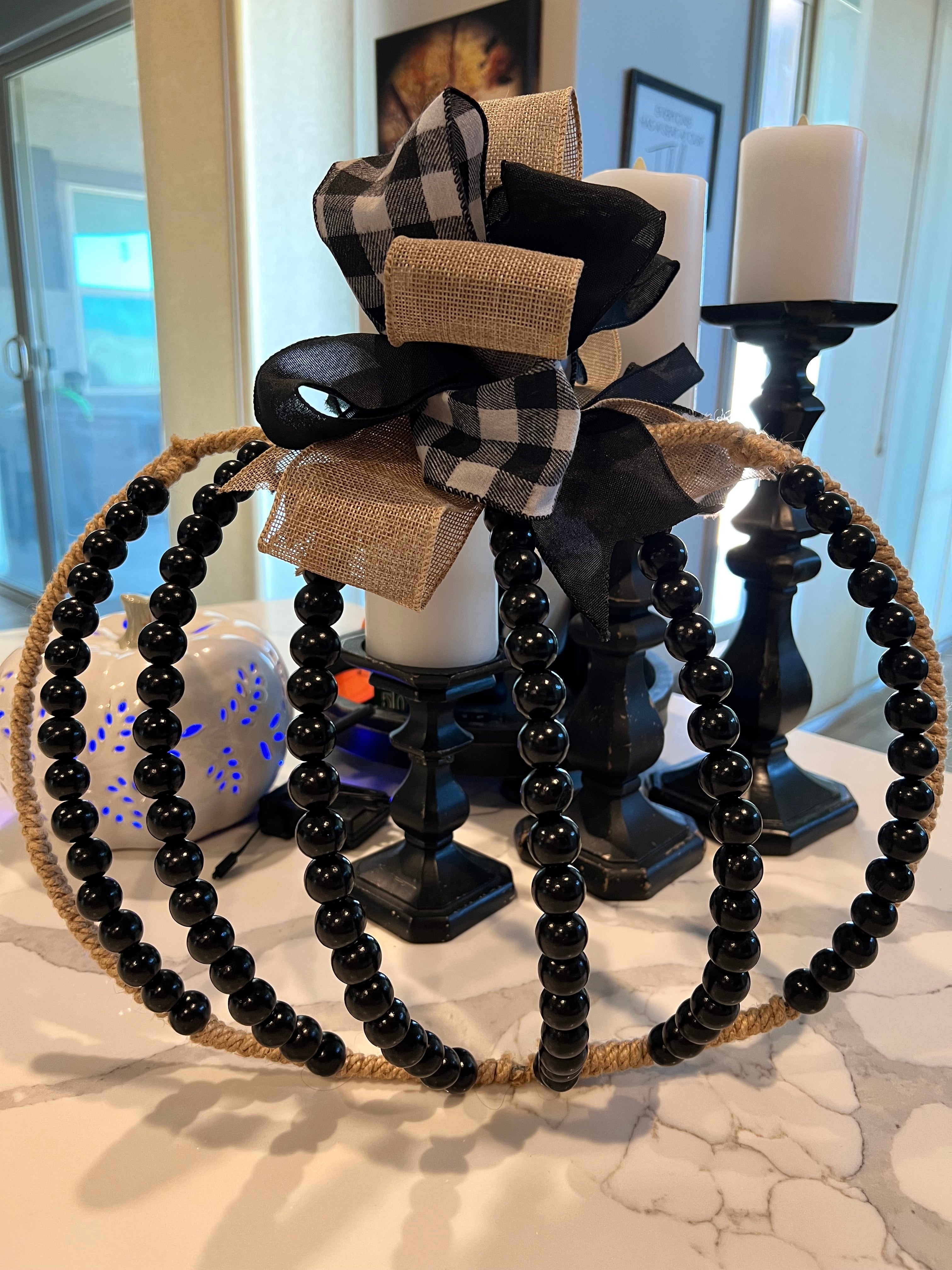 Beaded Pumpkin Wreath - Black Wood Beads with Black & White Bow