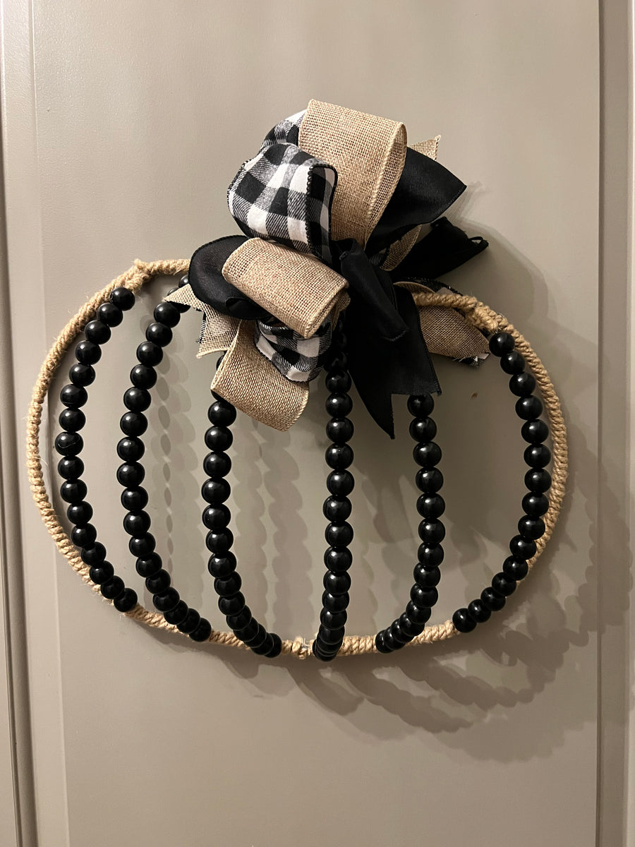 Beaded Pumpkin Wreath - Black Wood Beads with Black & White Bow