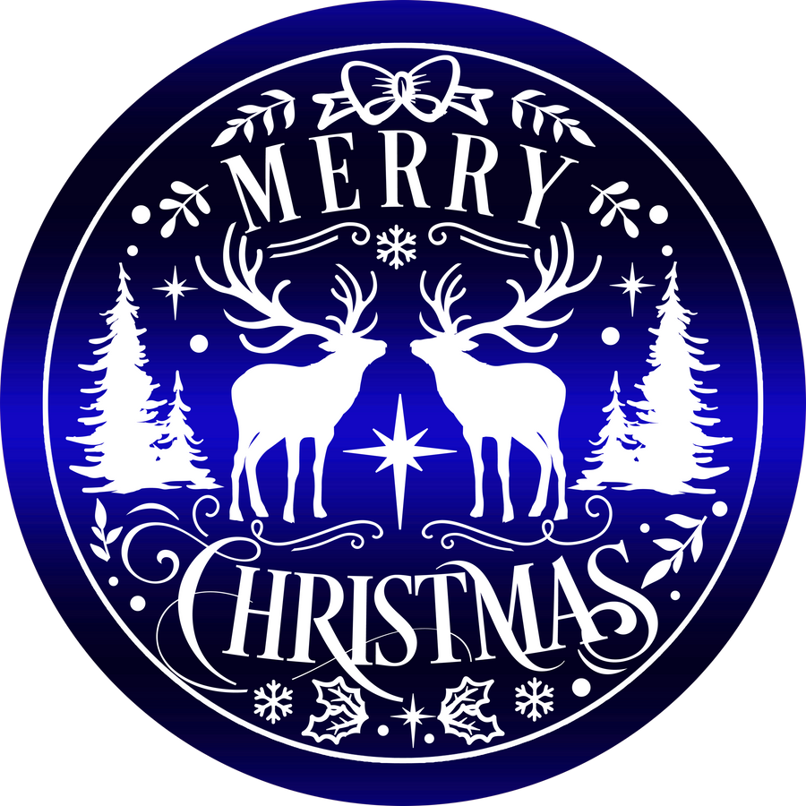 Blue Merry Christmas with Reindeer Wreath Sign