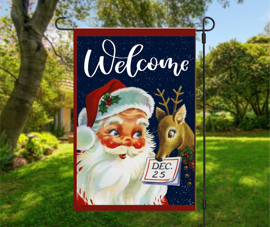 Retro Santa & Reindeer Personalized Garden Flag