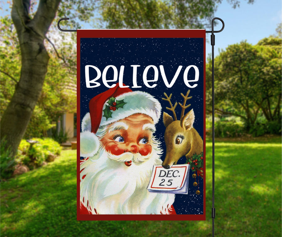 Retro Santa & Reindeer Personalized Garden Flag