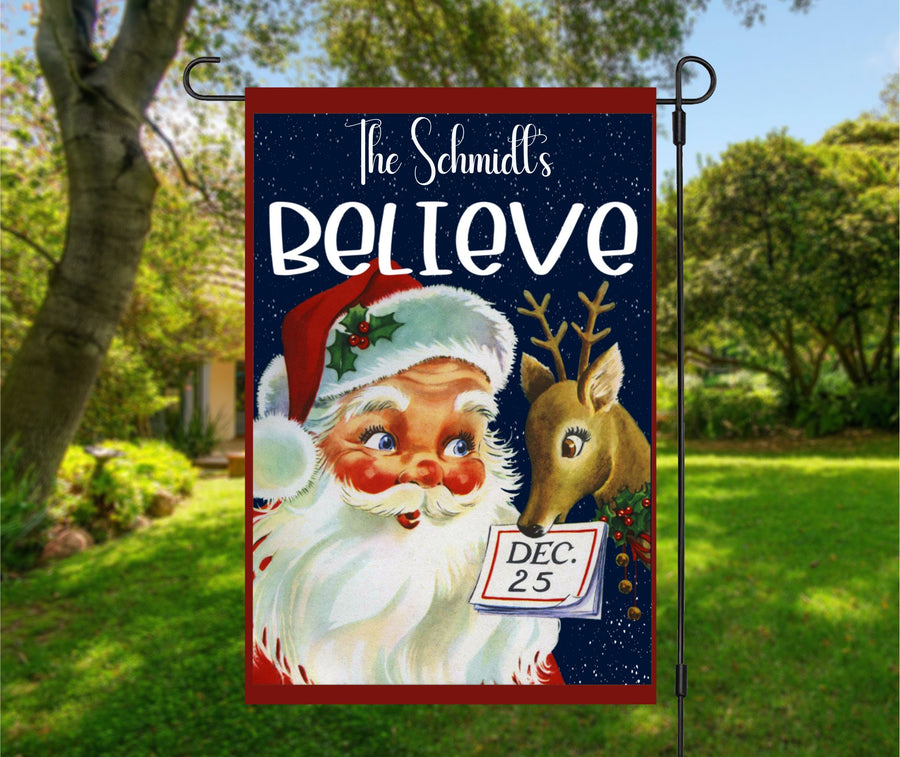 Retro Santa & Reindeer Personalized Garden Flag