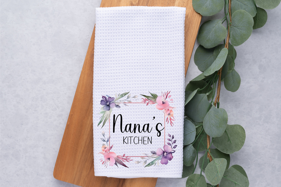 Nana's Kitchen Floral Frame Kitchen Dish Towel, Hand Tea Towel, Custom Gift