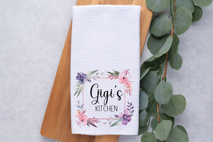 Nana's Kitchen Floral Frame Kitchen Dish Towel, Hand Tea Towel, Custom Gift