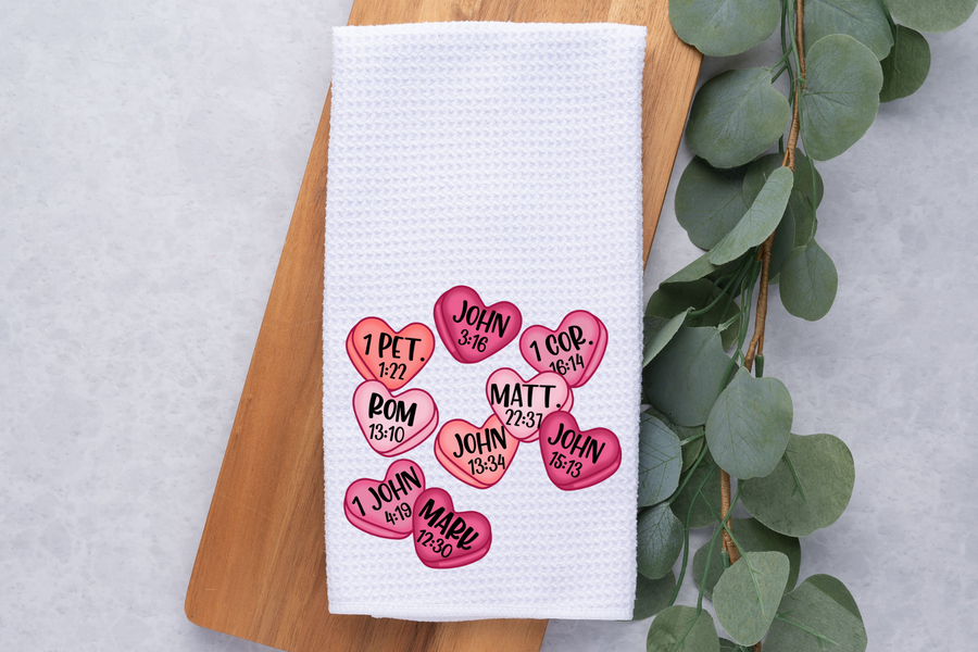 Valentines Bible Verse Conversation Hearts Kitchen Towel, gift for baker,Valentine Gift