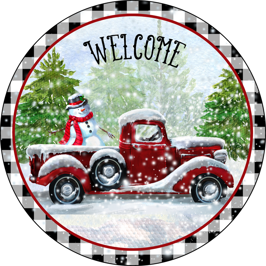 Welcome with red truck Wreath Sign