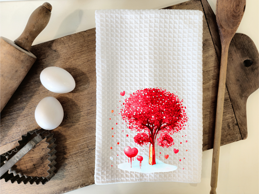 Personalized Valentines Heart Tree Kitchen Dish Towel, Hand Tea Towel, Custom Gift