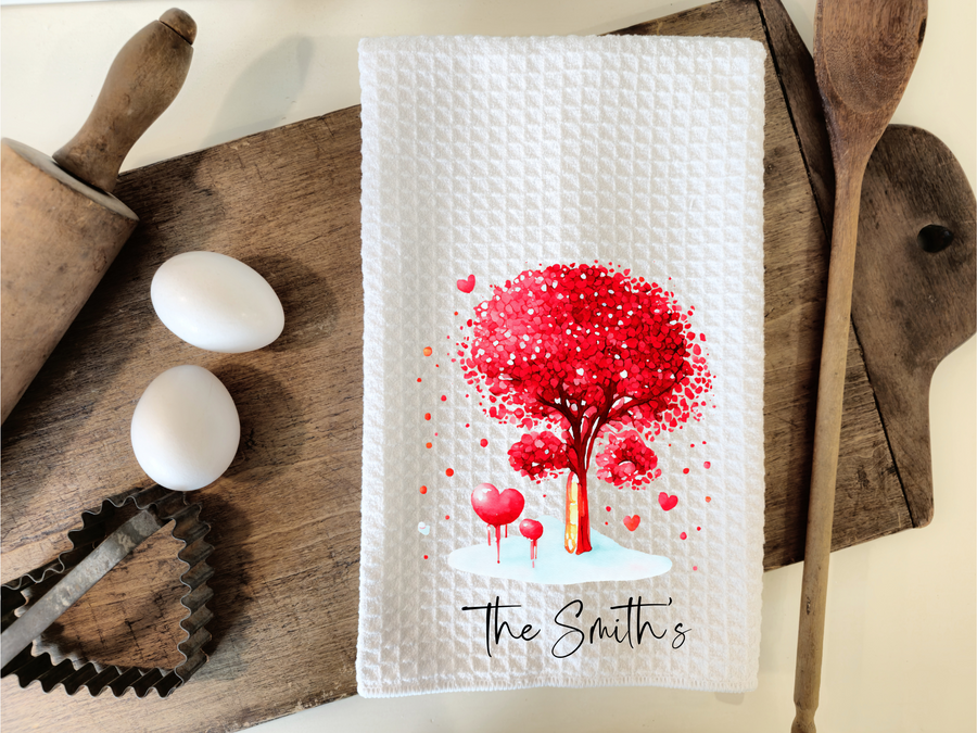Personalized Valentines Heart Tree Kitchen Dish Towel, Hand Tea Towel, Custom Gift