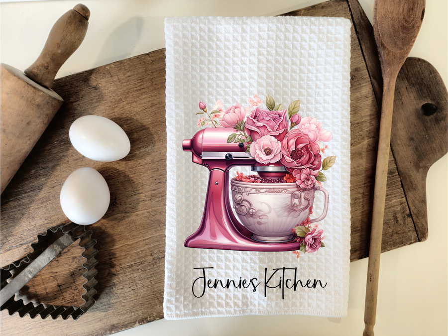 Personalized Pink Floral Mixer Kitchen Dish Towel, Hand Tea Towel, Custom Gift