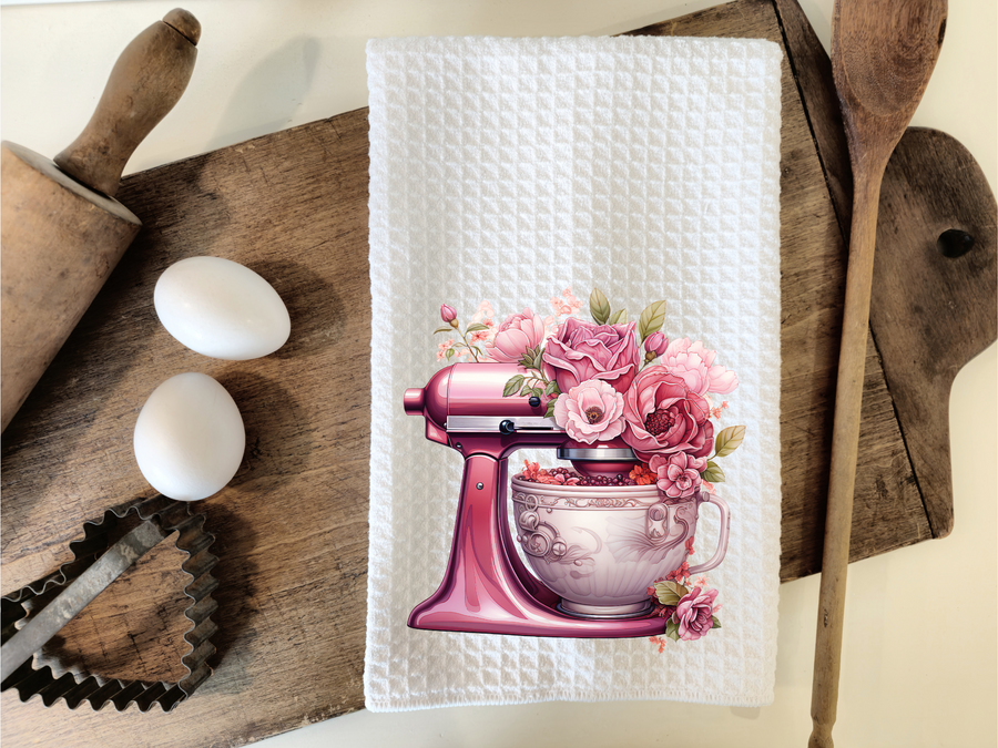 Personalized Pink Floral Mixer Kitchen Dish Towel, Hand Tea Towel, Custom Gift