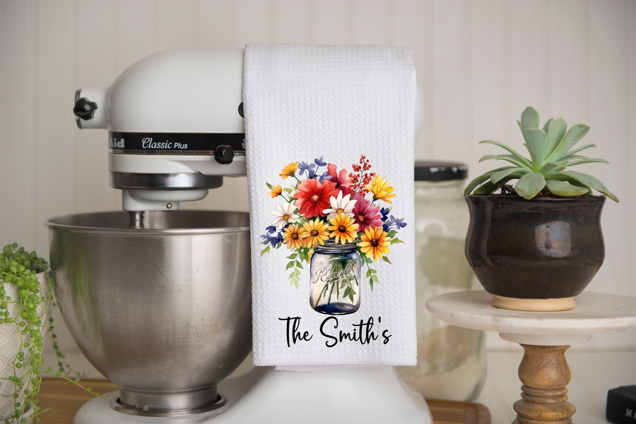 Personalized Wildflowers In A Jar Kitchen Dish Towel, Hand Tea Towel, Custom Gift