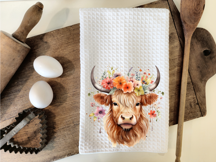 Personalized Floral Highland Cow Kitchen Dish Towel, Hand Tea Towel, Custom Gift