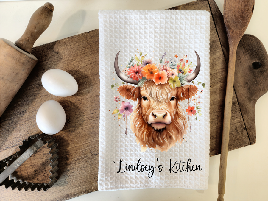 Personalized Floral Highland Cow Kitchen Dish Towel, Hand Tea Towel, Custom Gift