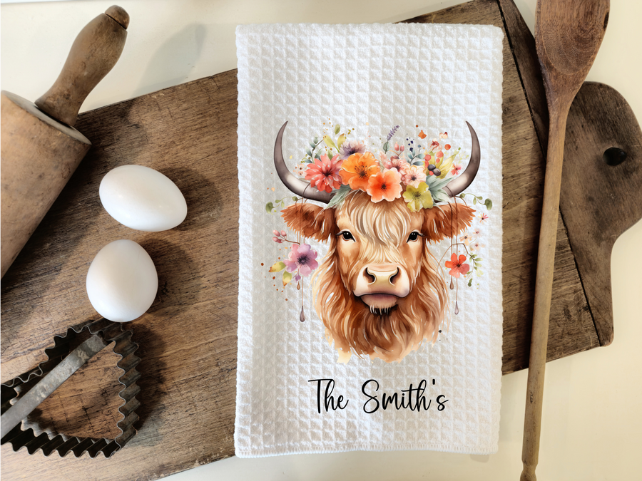 Personalized Floral Highland Cow Kitchen Dish Towel, Hand Tea Towel, Custom Gift