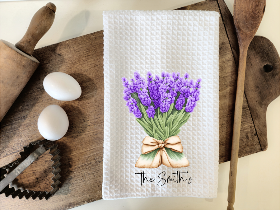 Personalized Lavender Bouquet Kitchen Dish Towel, Hand Tea Towel, Custom Gift