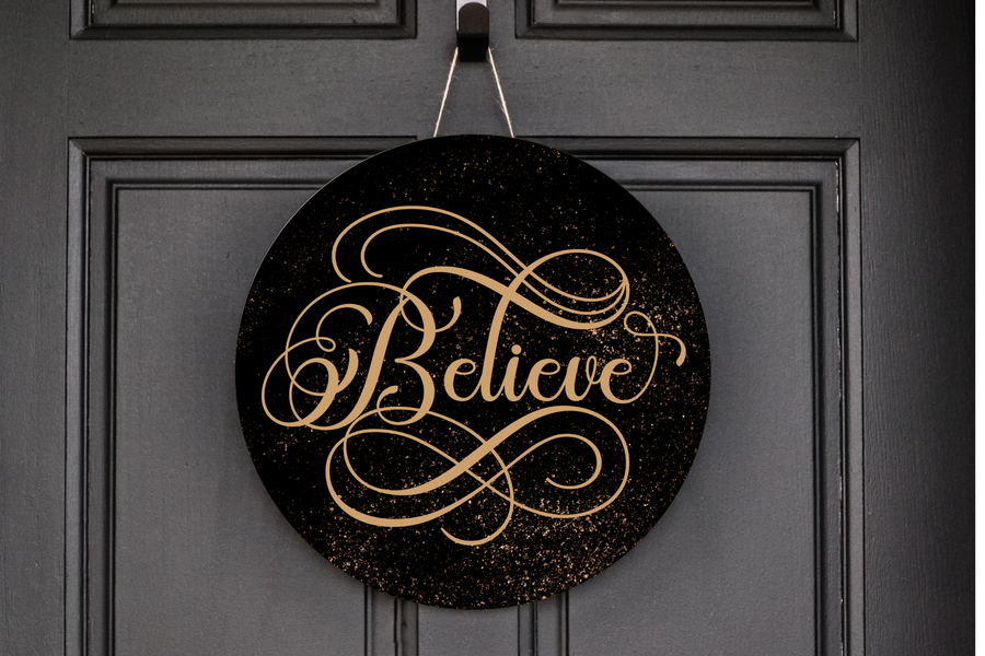 Black & Gold Believe Wreath Sign