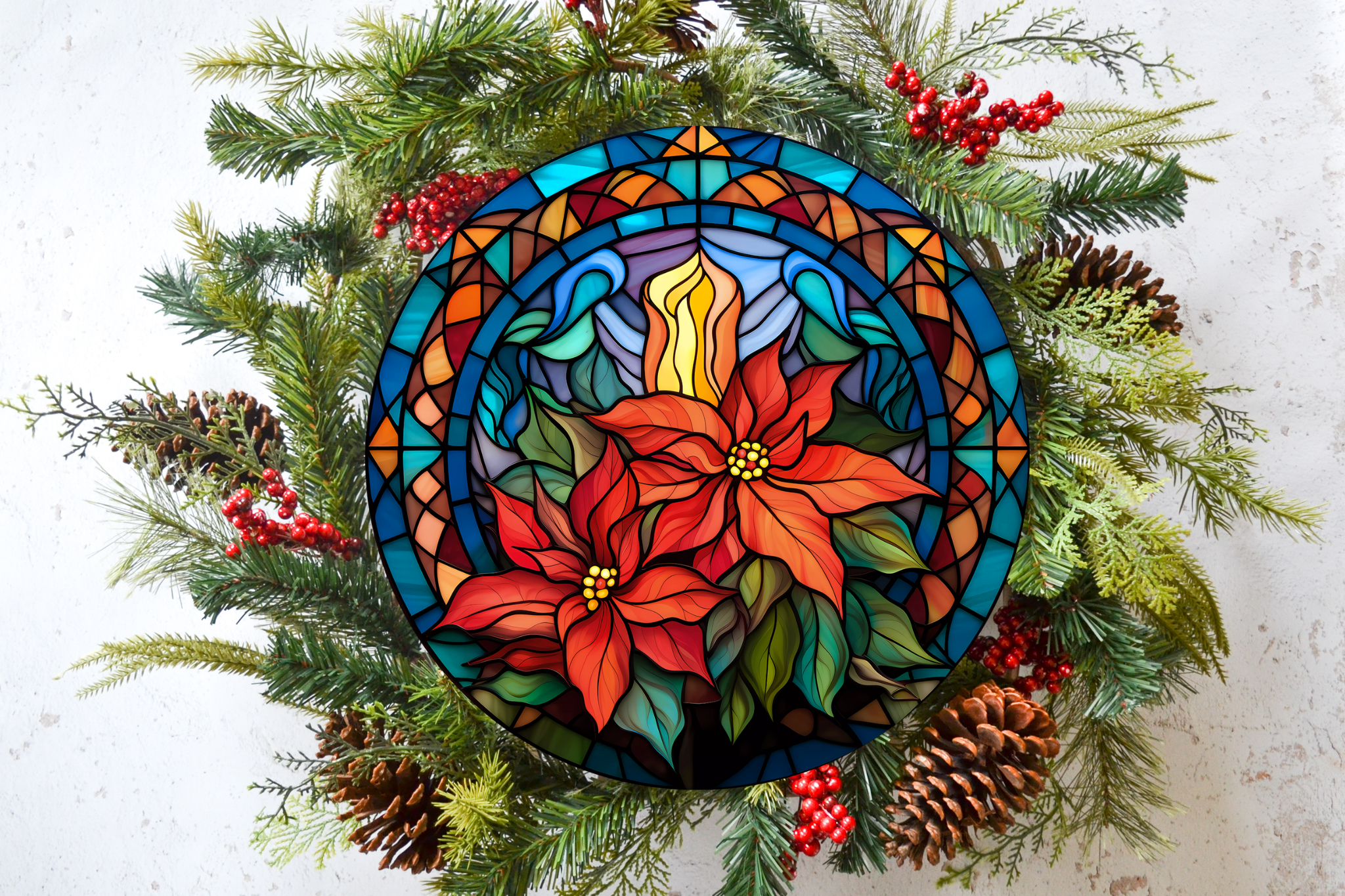 Stained Glass Candle & Poinsettia Wreath Sign