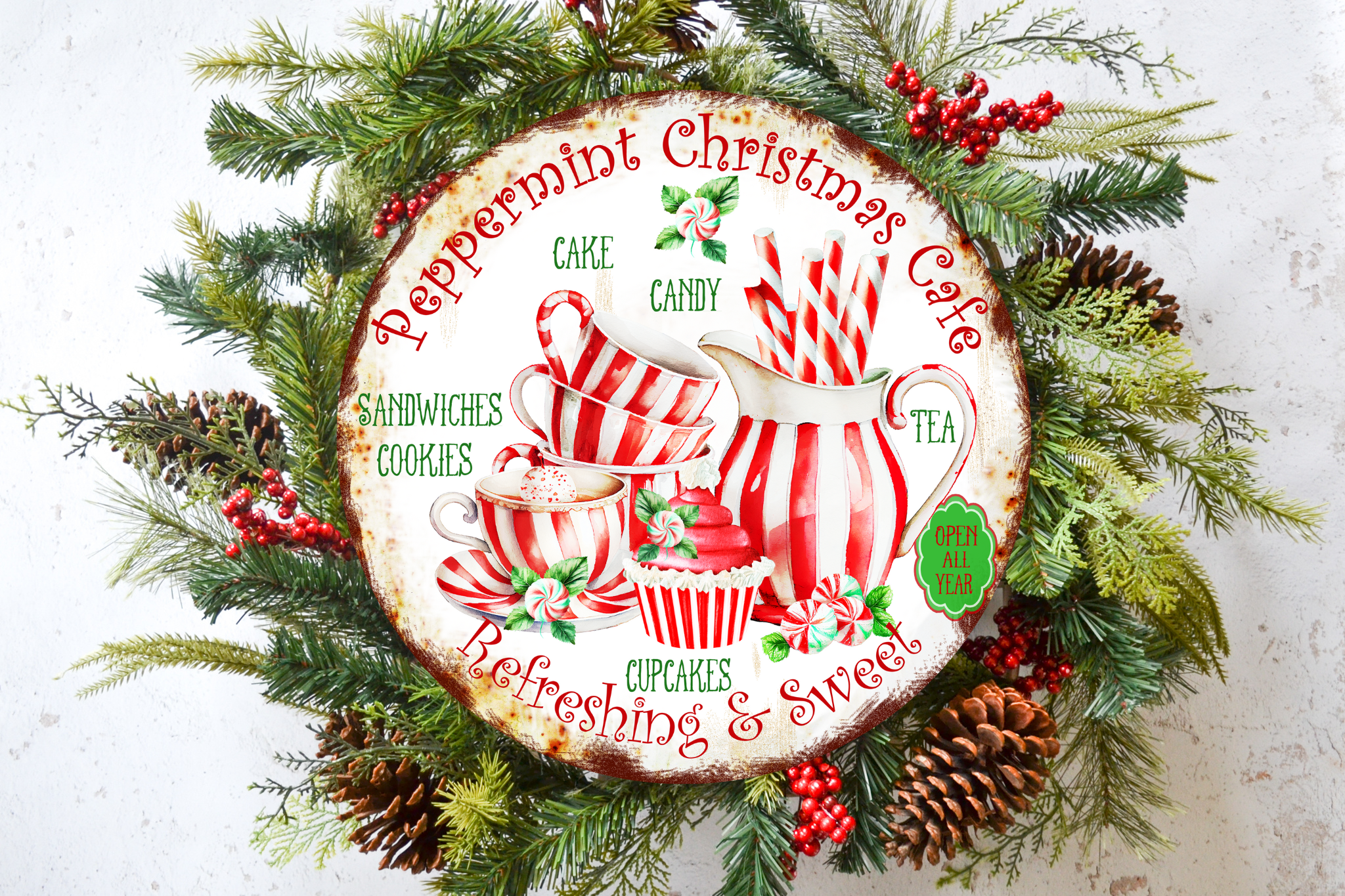 Peppermint Christmas Cafe Wreath Sign