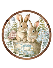 Spring Blessings Brown Bunnies Wreath Sign, Round Metal Sign, Door Hanger