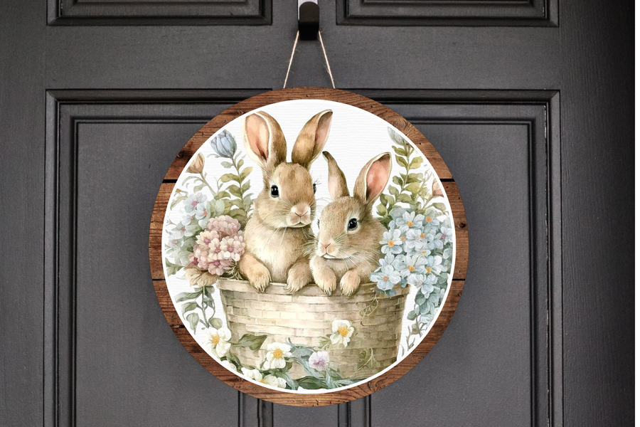 Brown Bunnies in a basket Wreath Sign, Round Metal Sign, Door Hanger