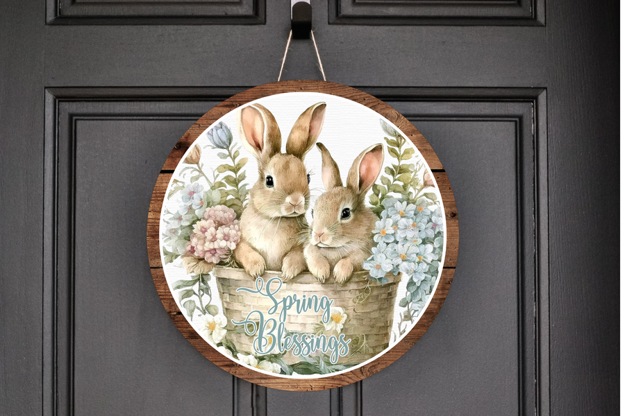 Spring Blessings Brown Bunnies Wreath Sign, Round Metal Sign, Door Hanger