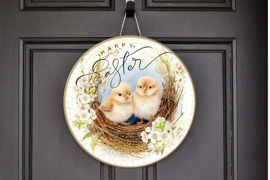 Happy Easter with baby chicks Wreath Sign