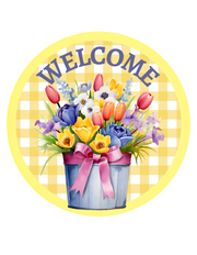Welcome Yellow Spring Flowers Wreath Sign, Round Metal Sign, Door Hanger