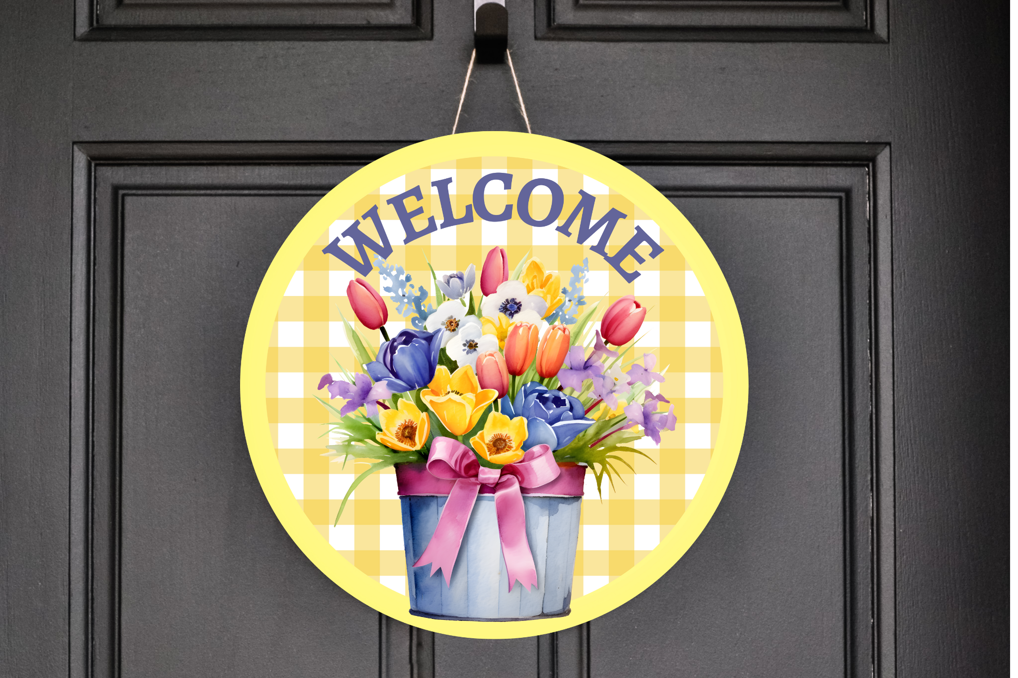 Welcome Yellow Spring Flowers Wreath Sign, Round Metal Sign, Door Hanger